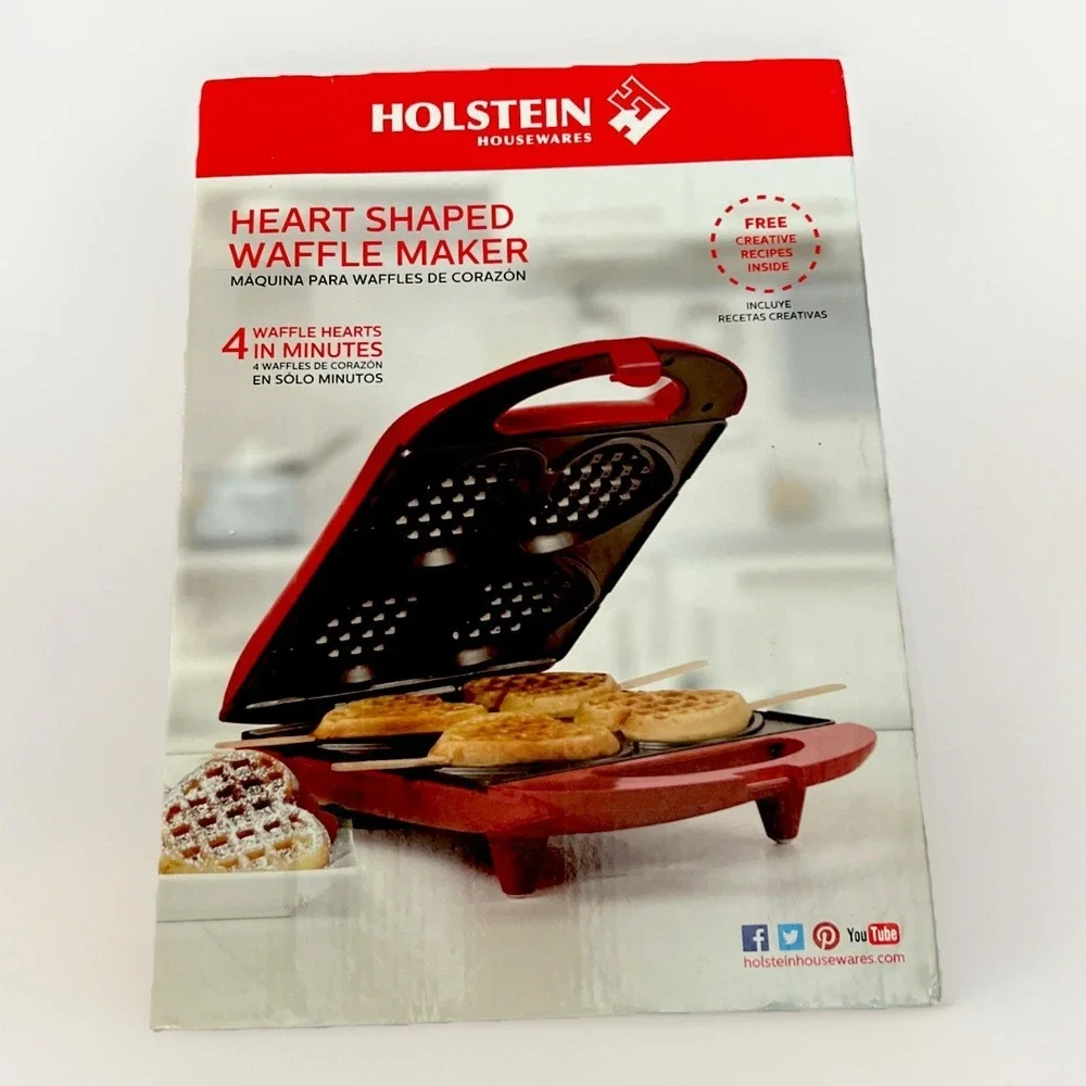 HOLSTEIN HOUSEWARES Red Heart-Shaped 4-Waffle Maker Non-Stick‎ New